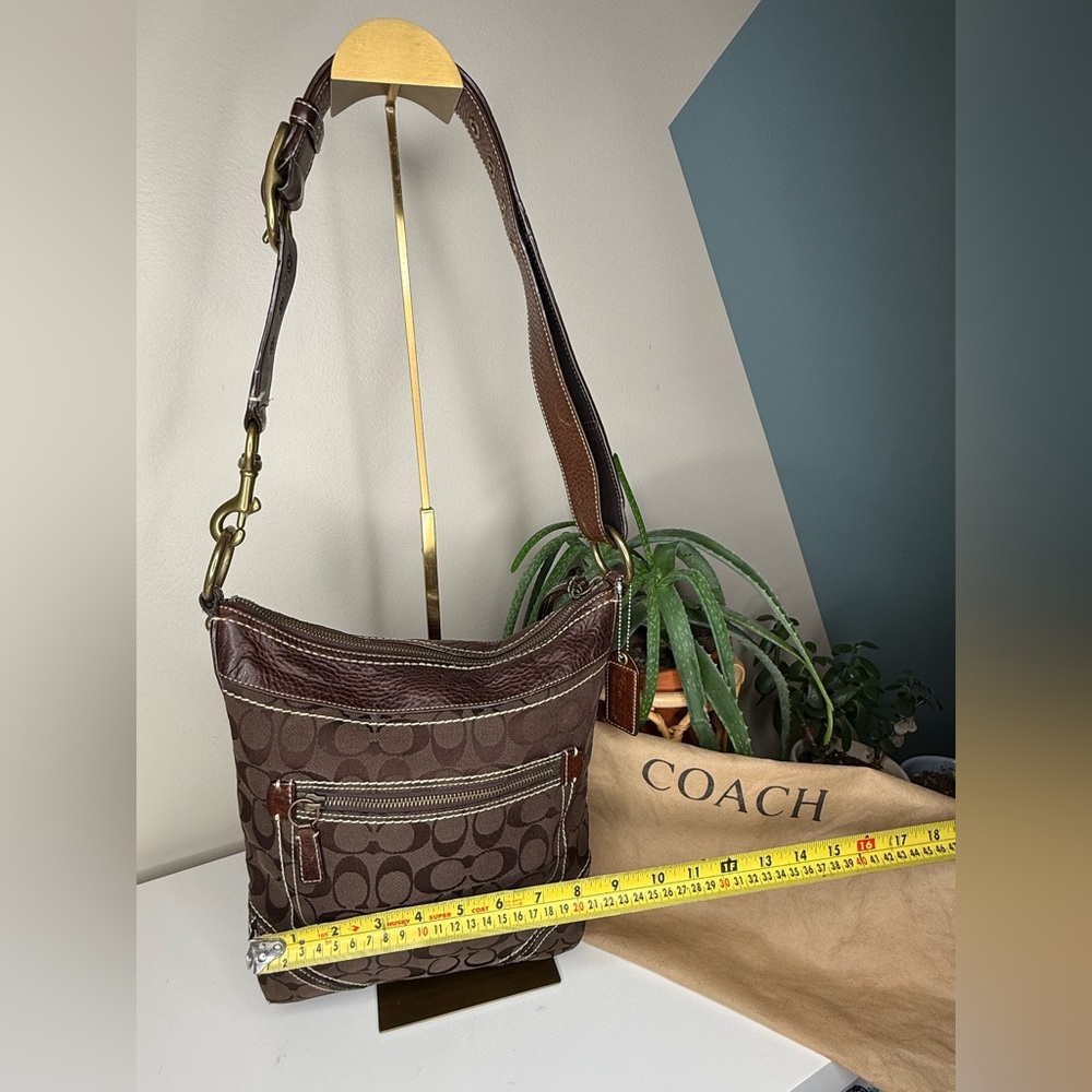 Coach Signature Brown Canvas Hobo Bag Leather Trim Y2K Vintage Crossbody Purse - Picture 11 of 14